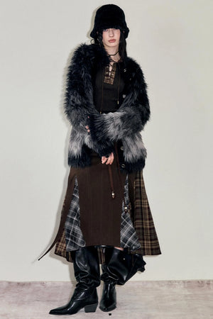 Irregular Velvet Check Long Skirt