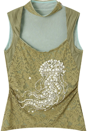 Jellyfish Pearl Rhinestone Lace Ruffle Strap Tank Top