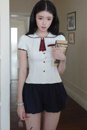 JK Uniform Plaid Bow Tie and Top Set