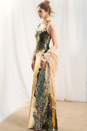 Jungle Leopard Stitch Floral Print Slip Dress Set-Up