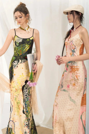 Jungle Leopard Stitch Floral Print Slip Dress Set-Up