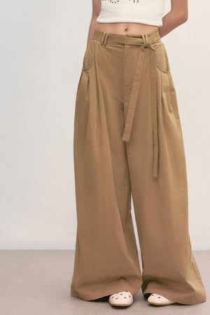 Khaki Tie-Waist Wide-Leg Pants