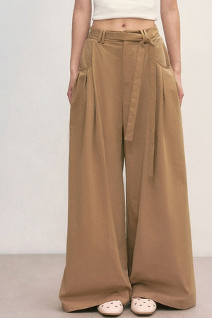 Khaki Tie-Waist Wide-Leg Pants