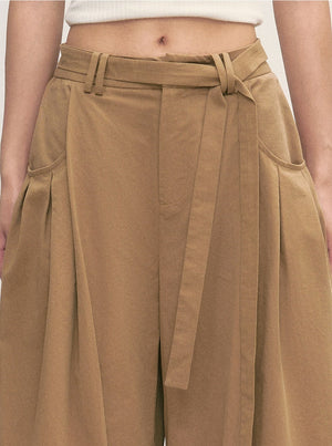 Khaki Tie-Waist Wide-Leg Pants