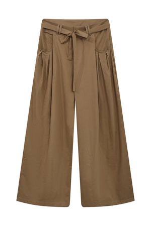 Khaki Tie-Waist Wide-Leg Pants