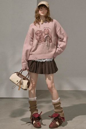 Kiss Bear Print Long Sleeve Sweater