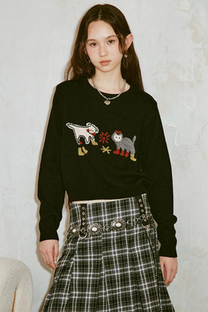 Kitten Puppy Embroidered Wool Blend Top