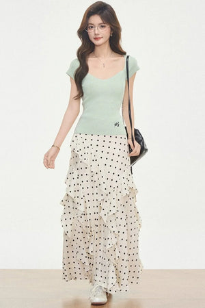 Knit Polka-Dot Top & Skirt Set-Up
