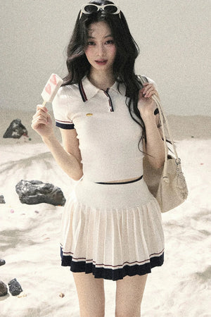 Knit Polo Top And Pleated Skirt Set-Up
