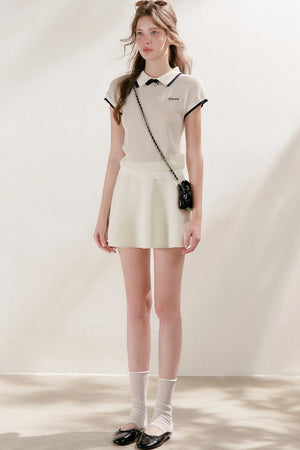 Knit Polo Top With Bow and A-Line Skirt Set