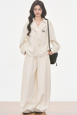 Knit Scarf Sweatshirt and Sweatpants Set-Up