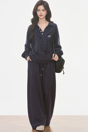 Knit Scarf Sweatshirt and Sweatpants Set-Up