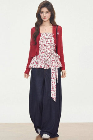 Knitted Cardigan Floral Dress Set-Up