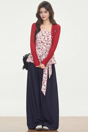 Knitted Cardigan Floral Dress Set-Up