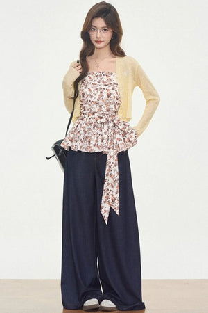 Knitted Cardigan Floral Dress Set-Up