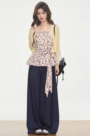Knitted Cardigan Floral Dress Set-Up