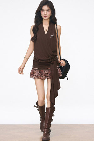 Knitted Halter Tie Top and Leopard Skirt Set-Up
