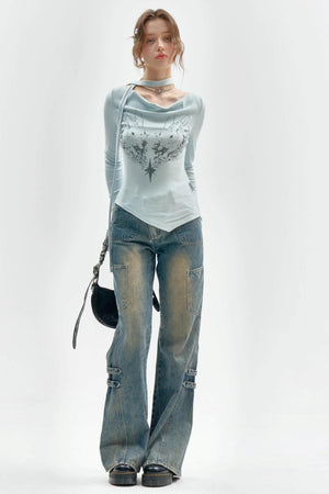 Knitted Long Sleeve Rabbit Print T-Shirt