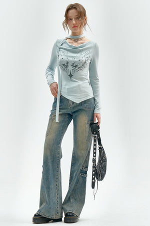 Knitted Long Sleeve Rabbit Print T-Shirt