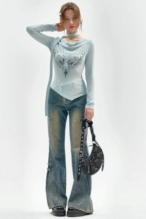 Knitted Long Sleeve Rabbit Print T-Shirt