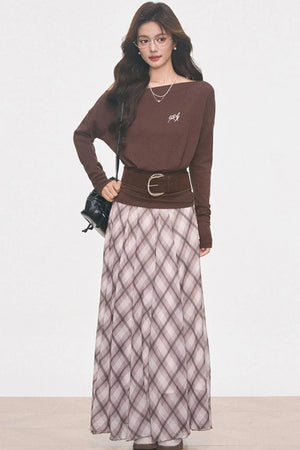 Knitted Off-Shoulder Top and Plaid Skirt Set-Up