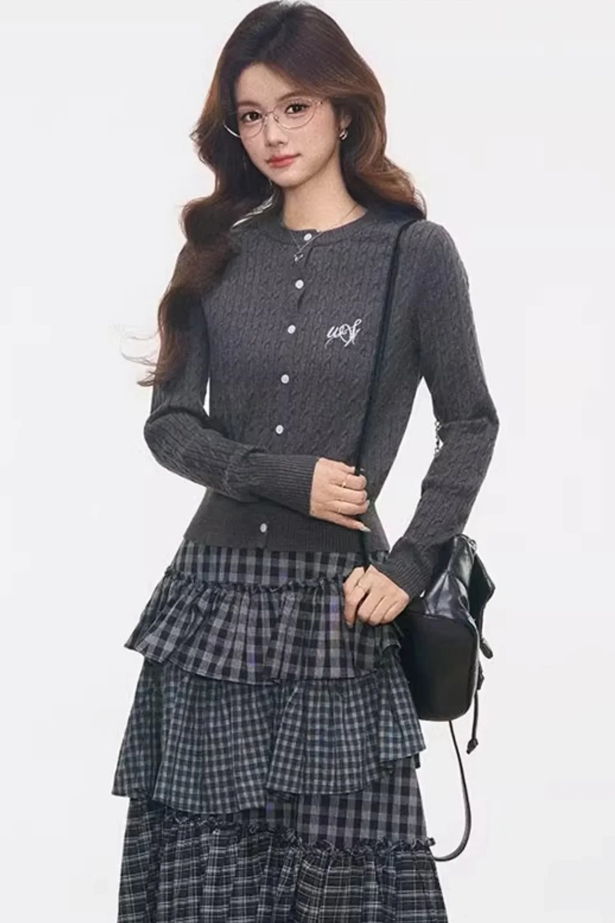 Knitted Plaid Cardigan Set-Up