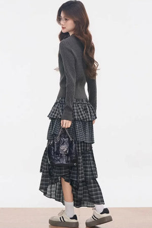 Knitted Plaid Cardigan Set-Up