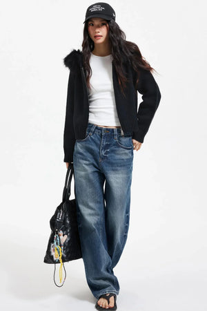 Knitted Sweater Jacket with Fur Collar