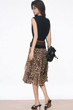 Knitted Vest and Leopard Skirt Set-Up