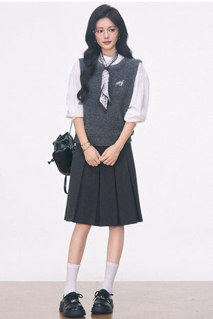 Knitted Vest Shirt and Skirt 3-Piece Set-Up
