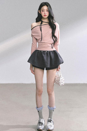 Korean Autumn Gray Halterneck Top