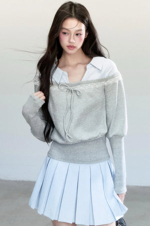 Korean Patchwork Striped Pleated Skirt Set-Up