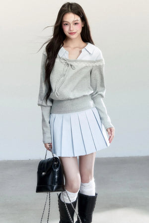 Korean Patchwork Striped Pleated Skirt Set-Up