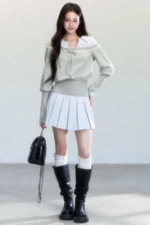 Korean Patchwork Striped Pleated Skirt Set-Up