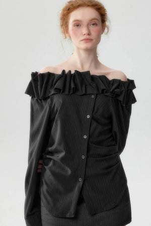 Korean Striped One-Shoulder Top