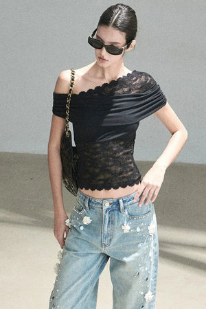 Lace Asymmetrical Shoulder Top