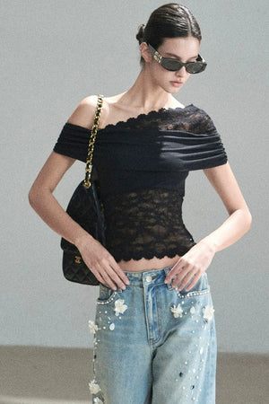 Lace Asymmetrical Shoulder Top