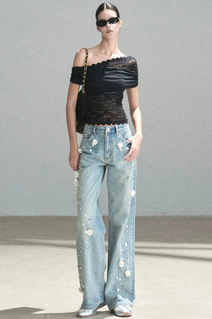 Lace Asymmetrical Shoulder Top