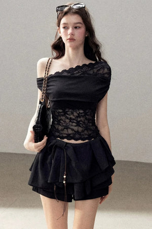 Lace Asymmetrical Shoulder Top
