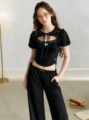 Lace Blouse French Retro Bud Sleeve Set
