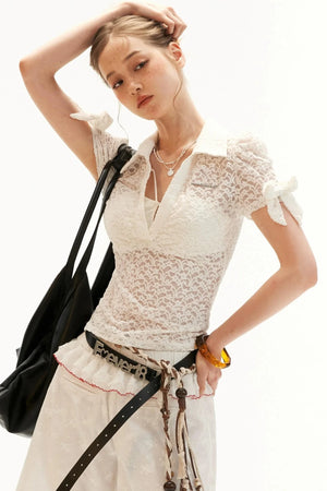 Lace Bow Puff Sleeve Top