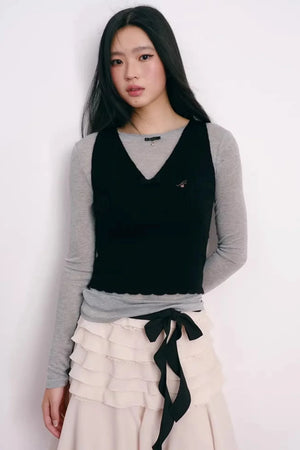 Lace Bowknot V-Neck Top