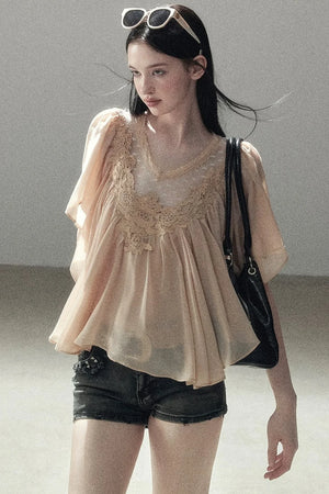 Lace Chiffon Ruffle Top