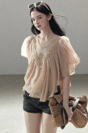 Lace Chiffon Ruffle Top