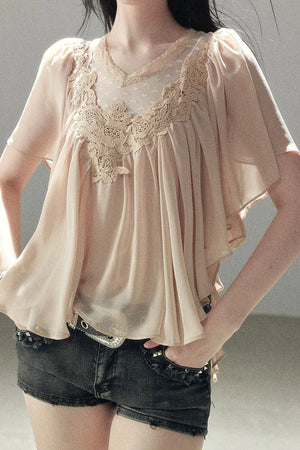 Lace Chiffon Ruffle Top