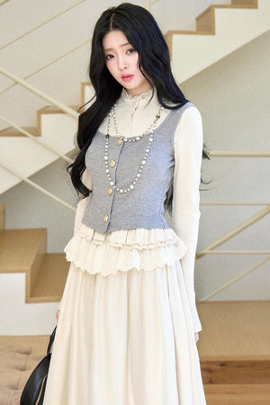 Lace Collar Gray Suit Set-Up