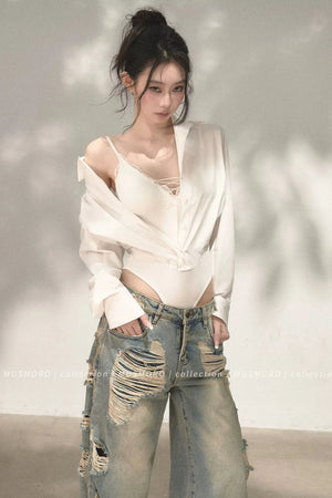 Lace Cross-Tie Bodysuit Top