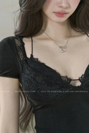 Lace Cuff Deep V-Neck Top
