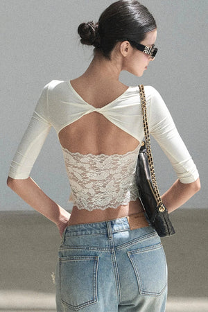 Lace Cutout Backless Short-Sleeved Top