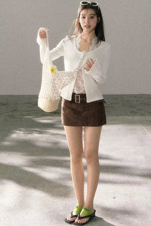 Lace-Detail Micro-Flare Knit Top